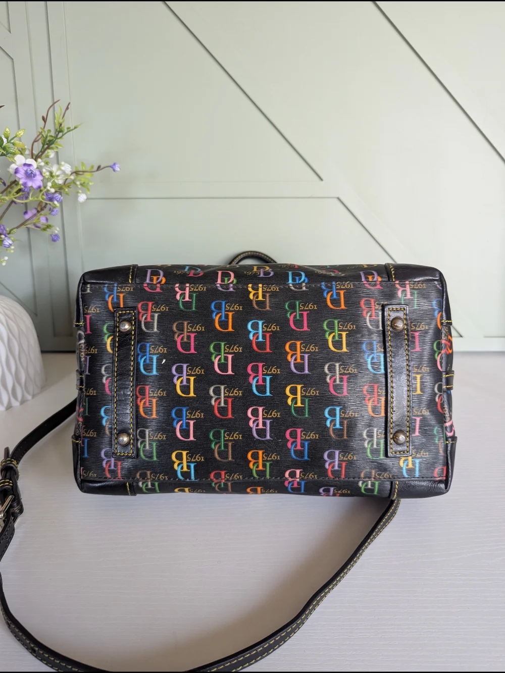 Dooney & Bourke Black Satchel with Multicolor DB Logo Print